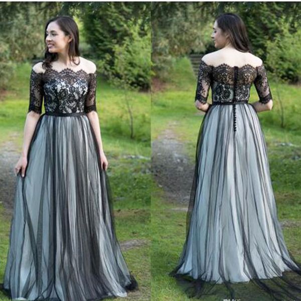 

black and white a-line lace tulle gothic wedding dresses off the shoulder half sleeves informal simple non white bridal gowns