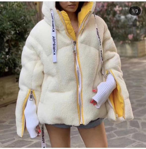 

lambhair hooded thickened coat new autumn and winter 2019 cuffs zipper loose color contrast bakery women winter coats jackets, Black