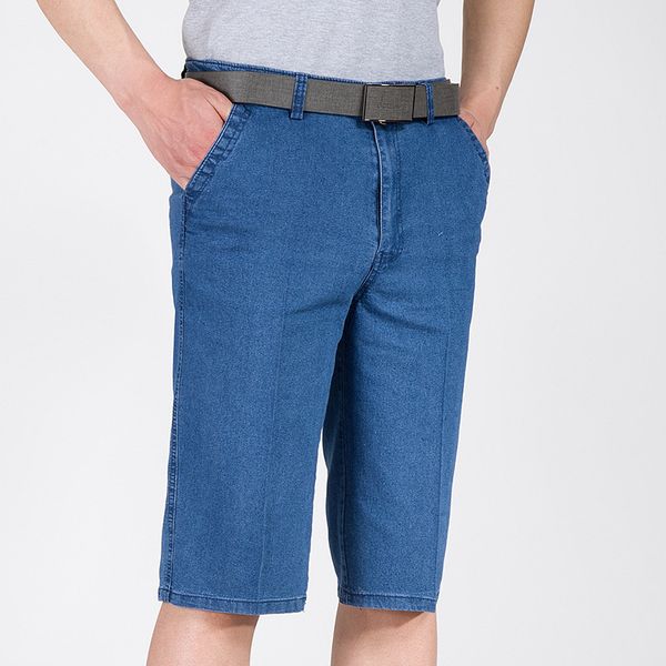 

2019 middle-aged knee length jeans casual high waist loose long denim pants male solid business casual straight jeans for men, Blue