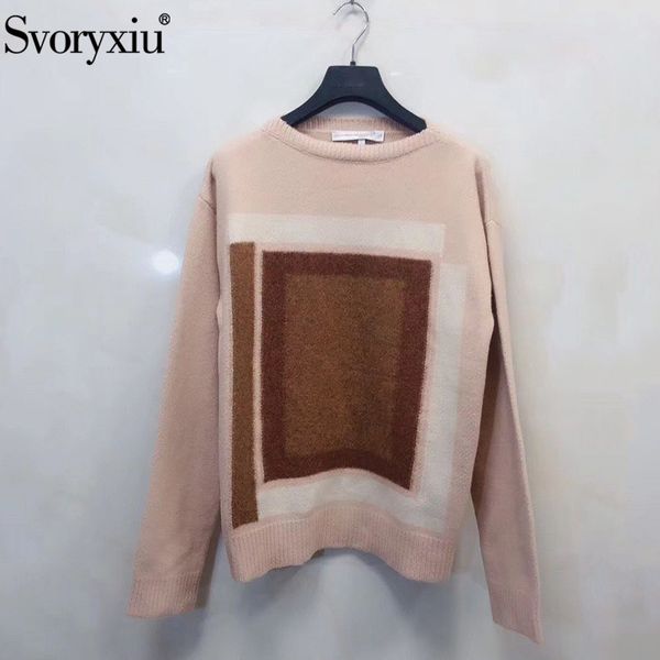 

svoryxiu 2019 designer high end soft cashmere sweater pullovers women's fashion geometric pattern autumn winter knitting jumper, White;black