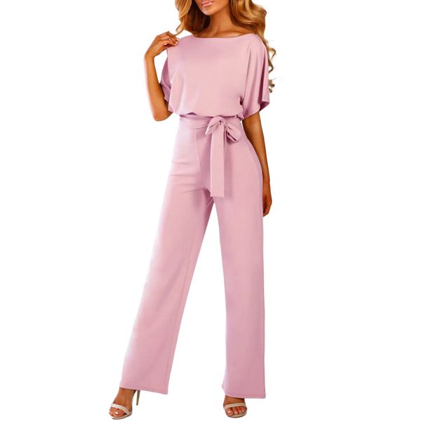 

women's bat sleeve jumpsuit button short sleeve solid color playsuit clubwear belt wide leg long pants workwear body mujer #5t, Black;white