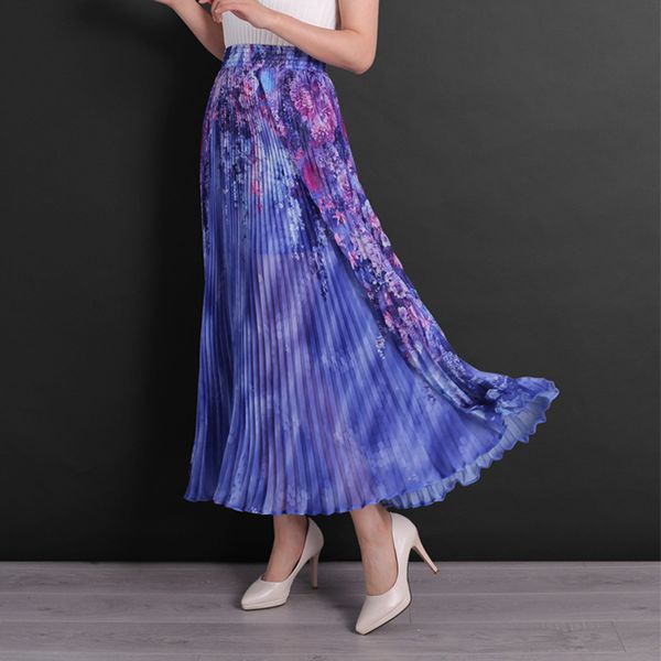 

flower sky new fashion summer women skirt print long pleated skirts womens saias long faldas vintage women elegant pleated skirt, Black;gray