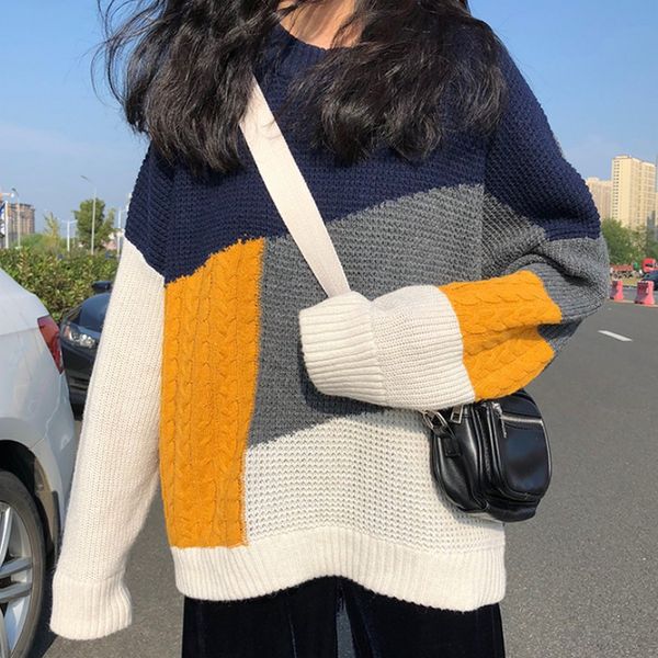 

casual fashion women's sweater splice contrast color knitting pullover sweater women o-neck pullover autumn winter clothes women, White;black