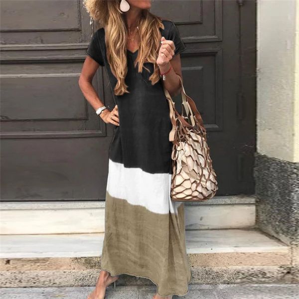 

women summer dress 2019 fashion dress plus size tie-dyed color block loose v neck short sleeve maxi elegant party vestidos, Black;gray
