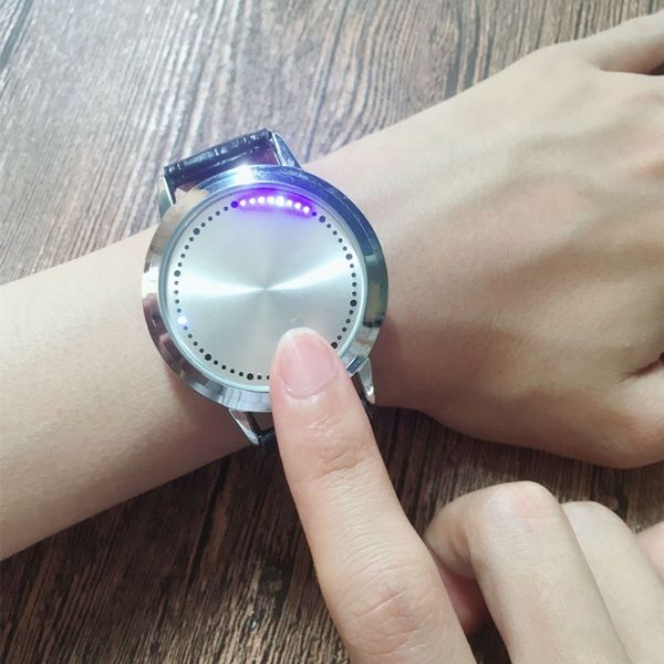 

cool design mens watches stainless steel leather quartz touch screen smart electronic montre homme led wristwatches for men, Slivery;brown