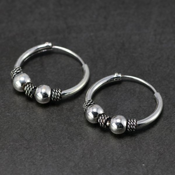 

s925 sterling silver 19mm hoop earrings for women opening retro antique punk hoop earring for girl double beads anti-allergy, Golden;silver