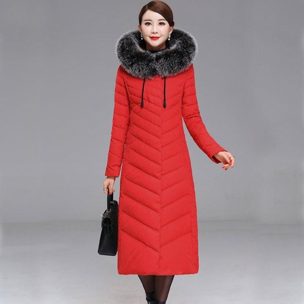 

2019 winter women large natural fur hooded white duck down long jacket female slim thicken warm down coat puffer parka m21, Black