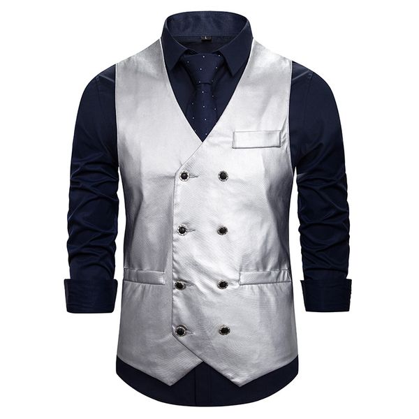 

vest men fashion dynamic solid color double breasted v neck vests male casual fashion new black gold silver, Black;white
