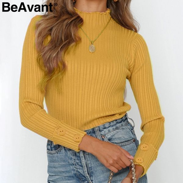 

beavant vintage button women turtleneck sweater casual autumn winter pullover female jumpers elegant slim yellow ladies sweaters, White;black