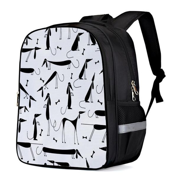 

dog canine black and white stick figure lapbackpacks school bag child book bag sports bags bottle side pockets