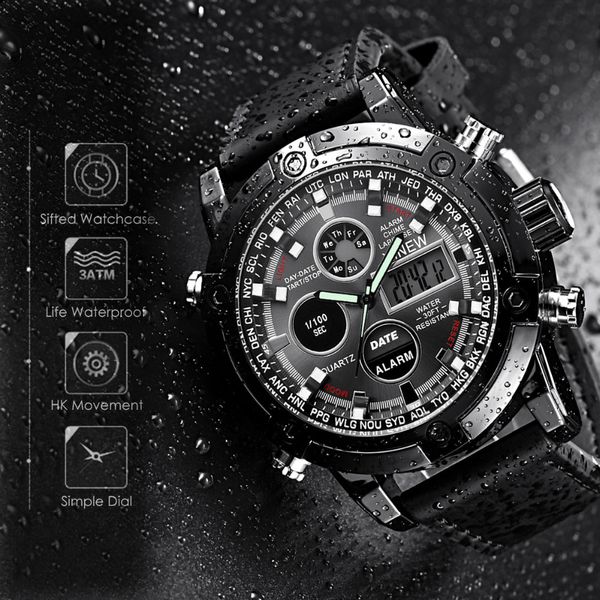 

dual movt men's leather quarz analog digital led sport wrist watch relogio masculino erkek kol saati watch men a10, Slivery;brown