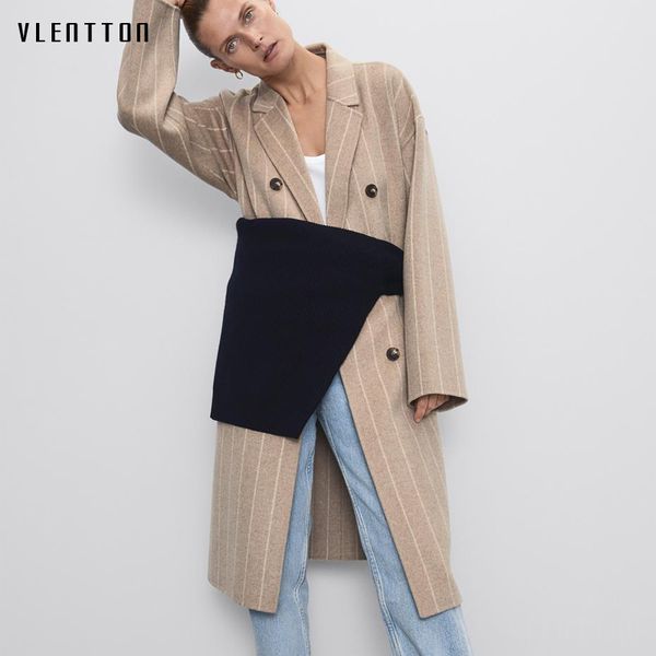 

autumn winter sashes striped long wool coat female casual loose woolen overcoat women elegant office jacket outwear abrigo mujer, Black