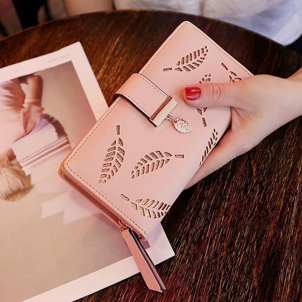 

lkx women wallet pu leather purse female long wallet gold hollow leaves pouch handbag for women coin purse card holders clutch