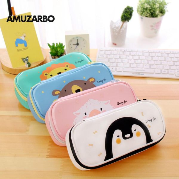

cartoon pencil bags kawaii green lion penguin bear pen case pu waterproof large capacity pen case student stationary storage box