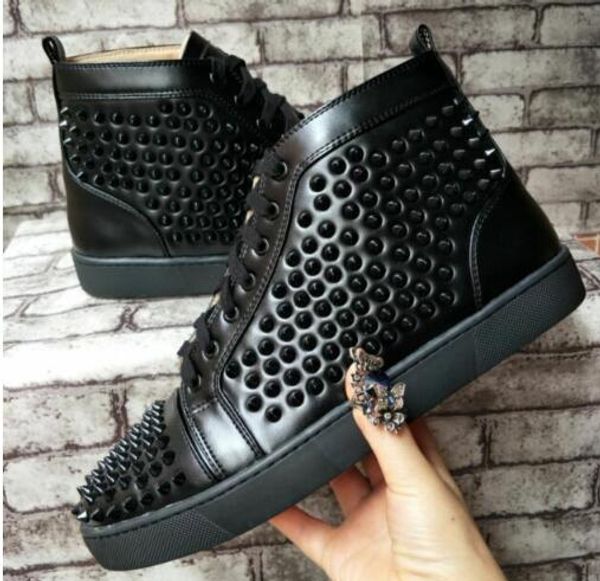 

wholesale good quality red bottom sneakers men black leather spikes high cut studded red sole design comfortable casual shoes ing