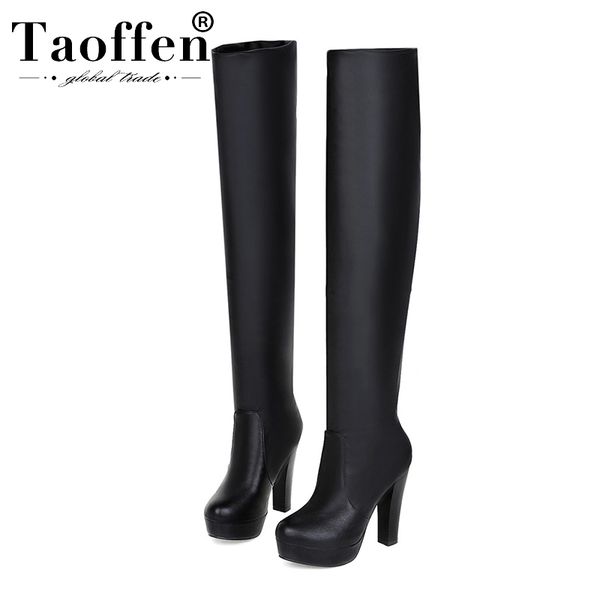 

taoffen women slim over the knee boots simple solid color platform square heels shoes winter warm women footwear size 33-43, Black