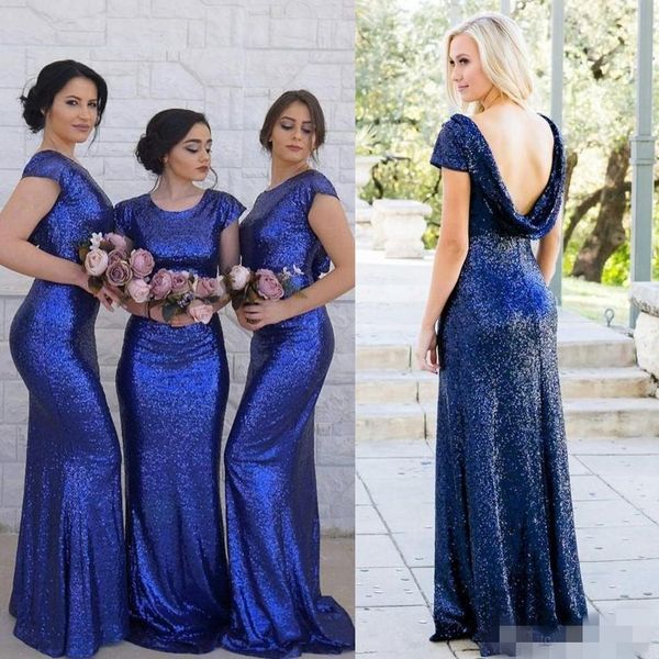 

2019 дешевые синие блестки платья подружки невесты оборками спинки с короткими рукавами развертки поезд ruched складки плюс размер совок шеи, White;pink