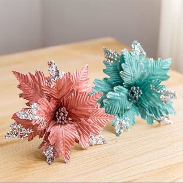 

10pcs christmas artificial flowers glitter decoration diy home christmas flower head wedding decoration