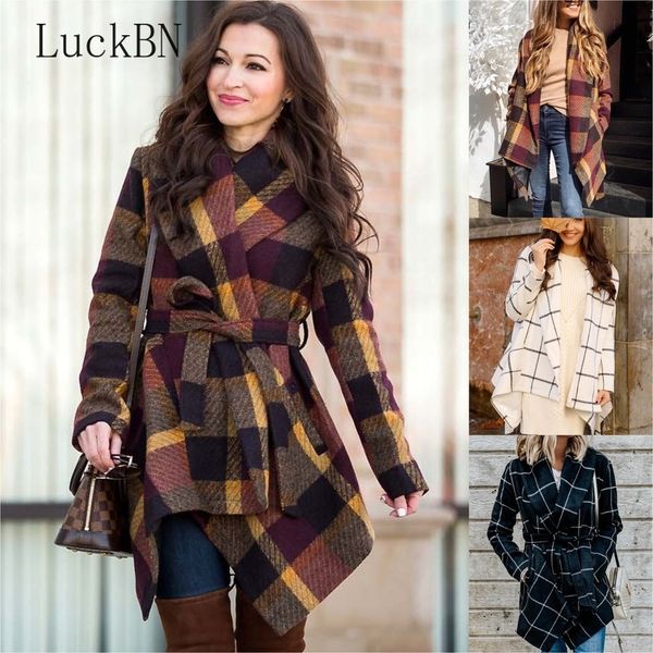

women's wool & blends big collar fall winter clothing office ladies woolen plaid coat woman abrigos mujer elegante belt, Black