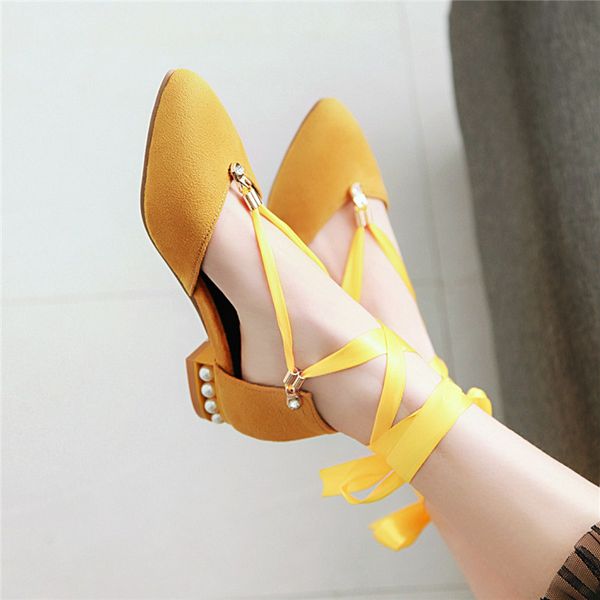 

2019 fashion riband cross strap summer low chunky heel womens shoes string bead yellow purple party pumps shoes big size, Black