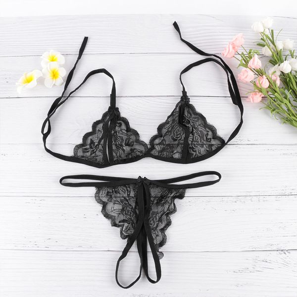

2 pc two tone transparent lace contrast nylon lace trim open bust bra crotchless panty bikini set, Red;black