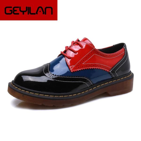 

women shoes patent leather oxford shoes for women flats casual round toe mixed colors lace up woman, Black