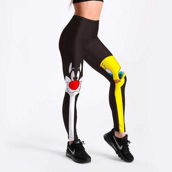

fitness leggings drop pants shipping women lovely cartoon cat and duck printed women cute comic casual leggings, Black