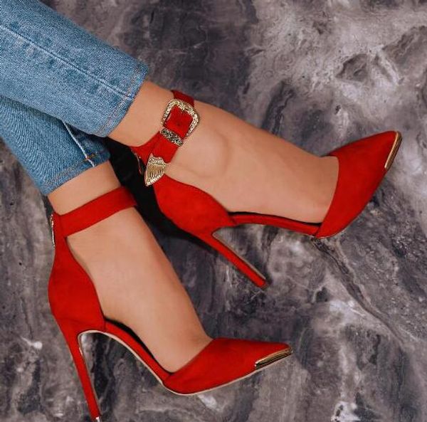 

new fashion red suede leather women pointy toe pumps carved gold buckles ladies high heels elegant grey female dress shoes, Black