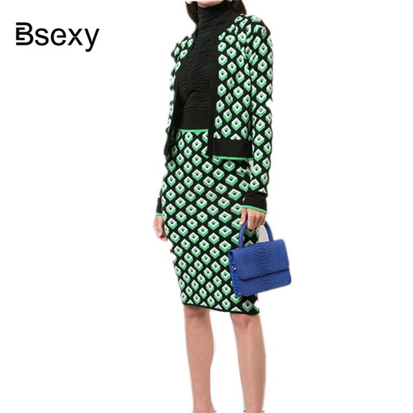 

ol sweater suits women 2018 autumn green plaid long sleeve knitted crop cardigan + high waist midi pencil skirt 2 piece sets, Gray