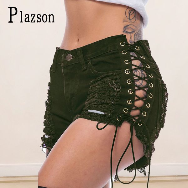 

women's jeans casual summer denim side straps bandage shorts cowboy high waists hole leg-openings plus size club short, Blue