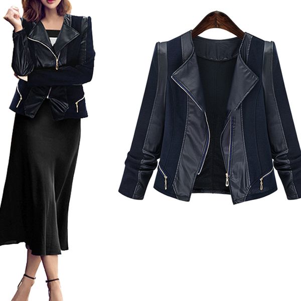 

женщины с длинным рукавом искусственной кожи pu пальто куртки осень весна стиль тонкий сращивания outwear пальто куртки плюс размер топы wdc, Black;gray