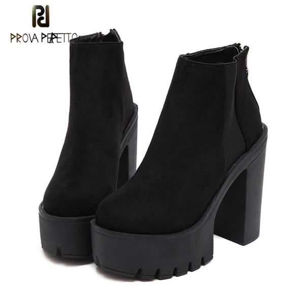 

prova perfetto fashion black ankle boots women thick heels spring flock platform shoes high heels black zipper ladies boots