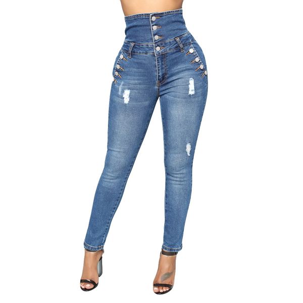 

wear high waist jeans shorts women multi-buckle high-elastic straight cylinder jeggings jeans for women vaqueros mujer #g6, Blue