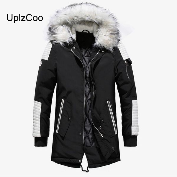 

uplzcoo 2019 new winter men's cotton coat long thick hat with fur collar men's jacket padded warm casual parkas patchwork fm175, Tan;black