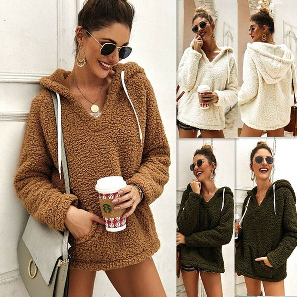 

women ladies warm fleece fur jacket fleece wool pocket outerwear blouse hooded fluffy sweatshirt coat, Black;brown