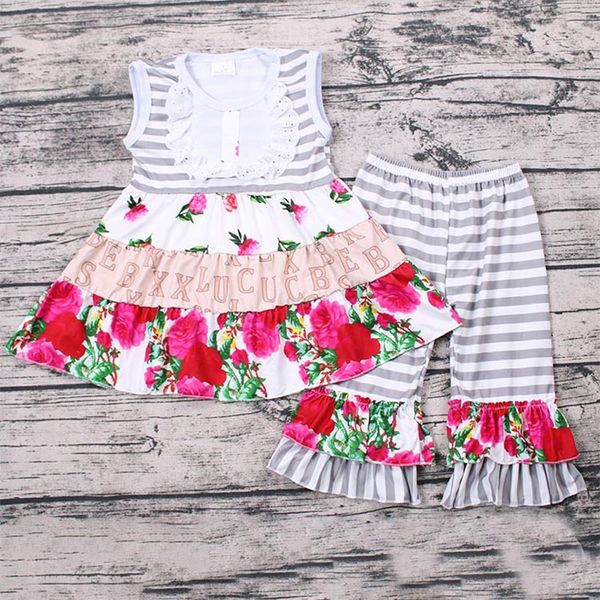 

baby girls wholesale children short sleeve print t-shirt + big bell pants flower design children 2pieces set kids clothing, White