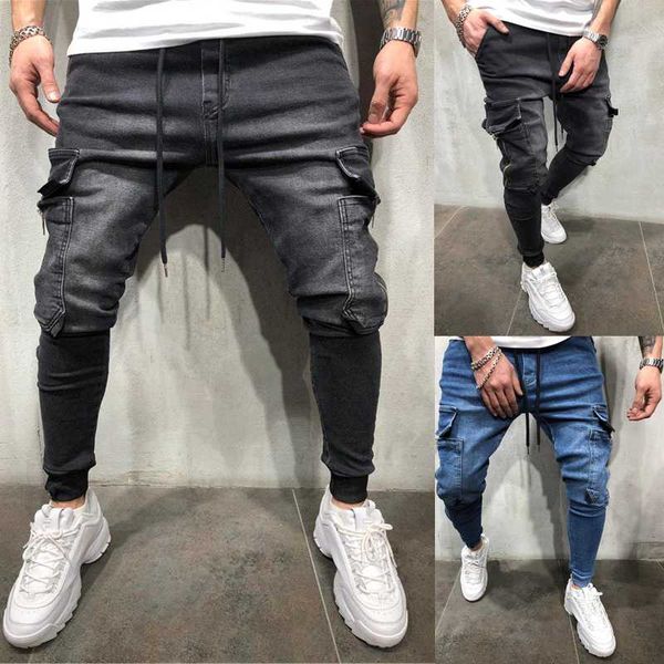 

2020 men's pants zipper pocket fit jogger casual wash jeans men, Blue