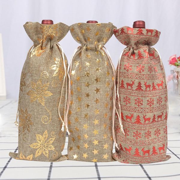 

bronzed burlap wine bottle bags drawstring reindeer snowflake bottle cover pouch packaging bag christmas party decoration an2433