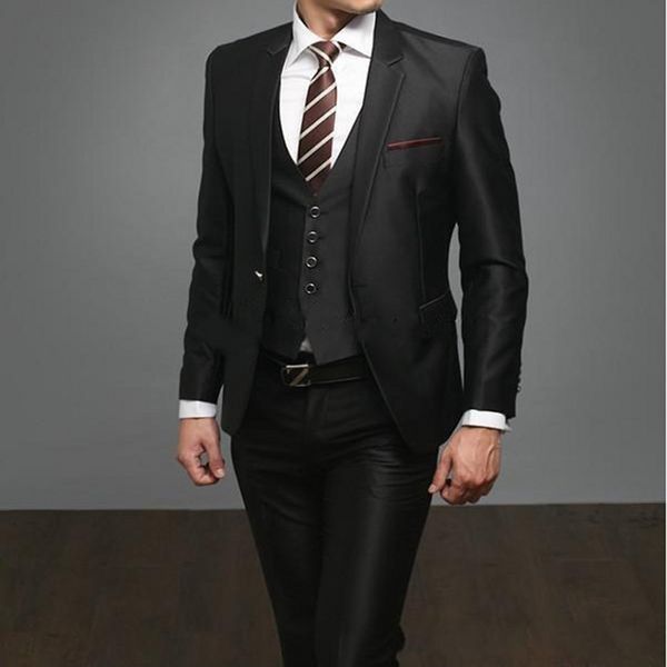 

new design charcoal grey groom tuxedos notch lapel one button groomsmen mens wedding dress excellent man suit(jacket+pants+vest+tie) 397, Black;gray