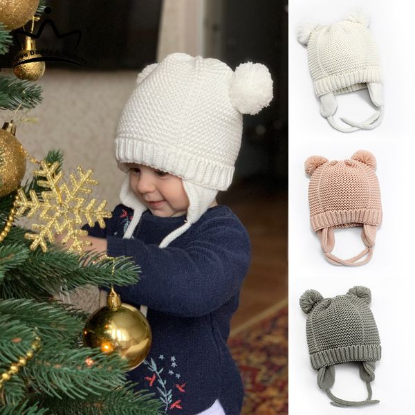 

winter thick warm baby hat beanie double pompom knitted newborn infant hats cute baby boy girl ear warmer cap, Yellow