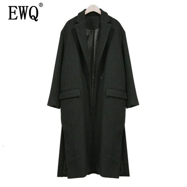 

ewq]2019 new winter women woolen black lapel long sleeve single button pockets losse hem big size casual medium-long coat oc064