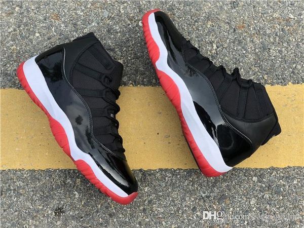 

high authentic 11 bred men basketball shoes black red classic real carbon fiber 11s retro leather mans sports sneakers 378037-061 with box