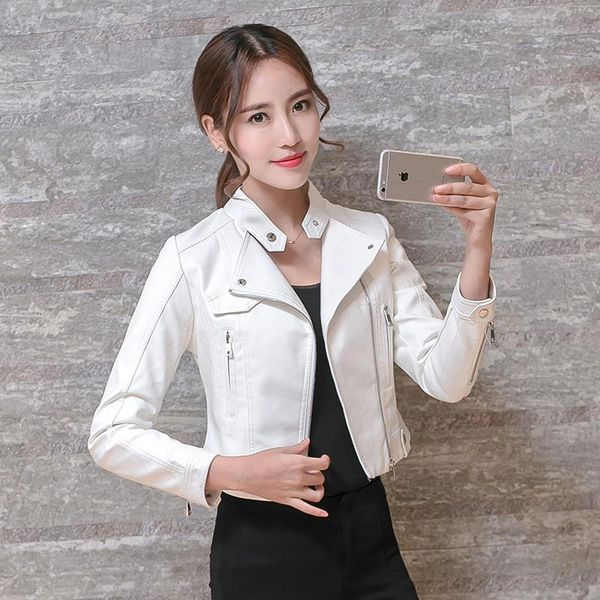 

female spring and autumn new women fashion basic leather jackets zipper collar short paragraph casual motorcycle leather coats elegant, Black;brown