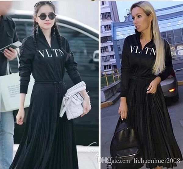 

2019 дизайнер платья женщин high end черный stand воротник с длинными рукавами pleats длинные womne платье письмо печати zipper знаменитости, Black;gray