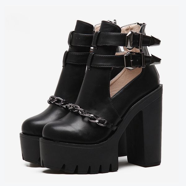 

bzbfsky women thick high heels platform ankle boots autumn female double buckle strap chain party shoes ladies fashion footwear, Black