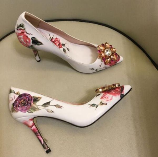 

summer new sheepskin print high-heeled shoes water drill flower pointed thin-heeled stiletto heel women's shoes shallow rose wedding sh, Black