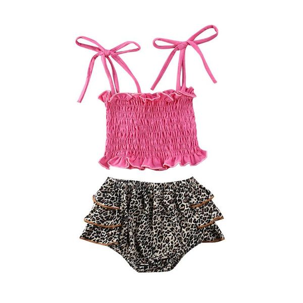 

6m-5y toddler baby kid girls clothes set summer ruffles vest leopard bloomer shorts outfits, White