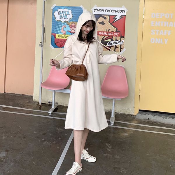 

p shoot 2019 most new style fashion loose slimming buckle mid-length drawstring hoodie dress, Black