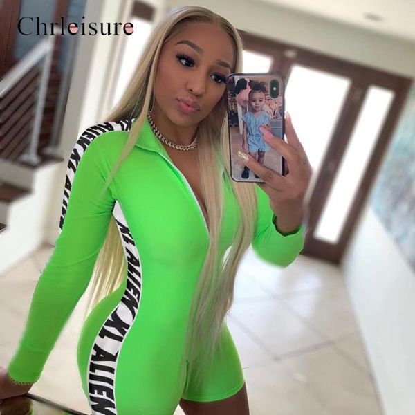 

women fashion playsuit long sleeve zipper turtleneck skinny rompers 2019 letter print side female short bodysuit, Black;white