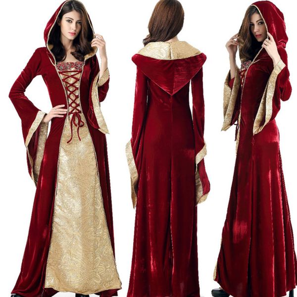 

2019 medieval dress robe women renaissance dress princess queen costume velvet court maid halloween costume vintage hooded gown, Black;red